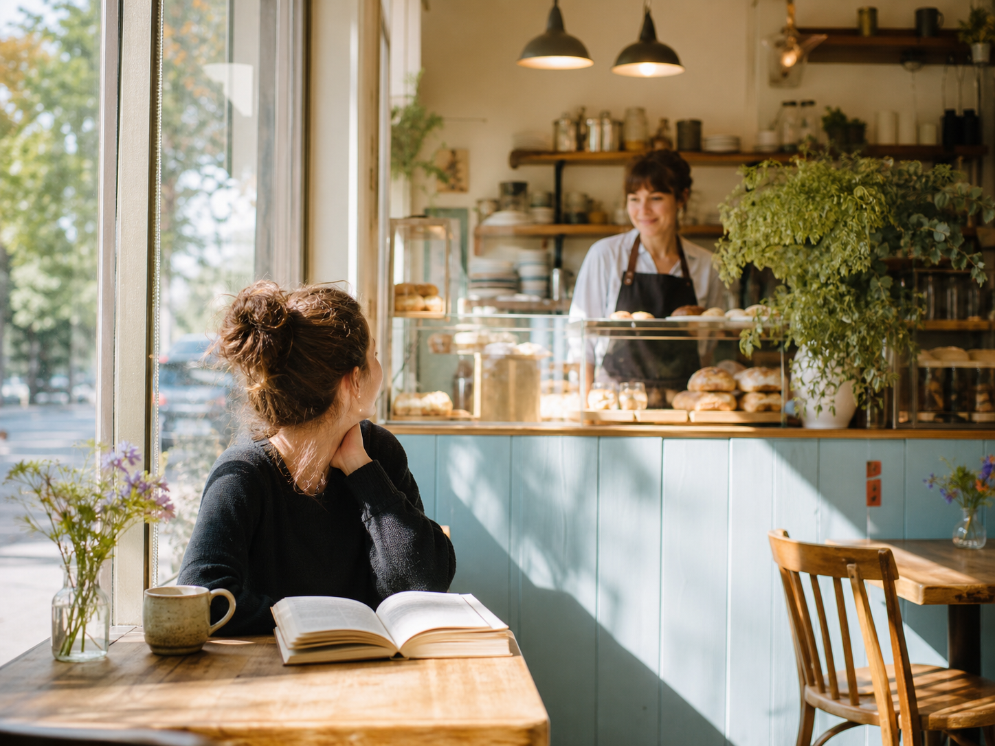 A regular settles into a familiar window seat at a neighborhood café.