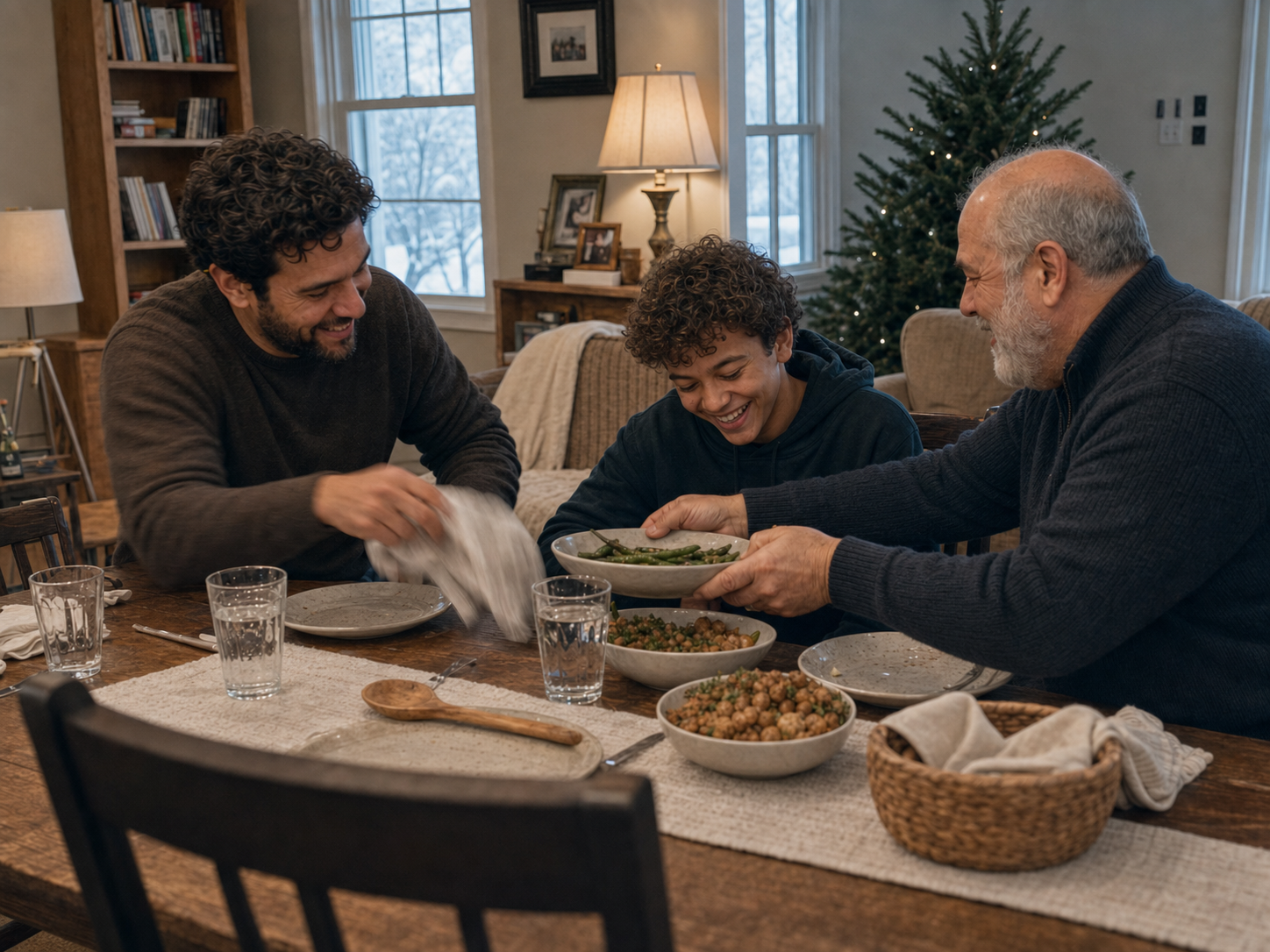 At age twelve, the boy shares a candid Christmas dinner moment with his father and grandfather.