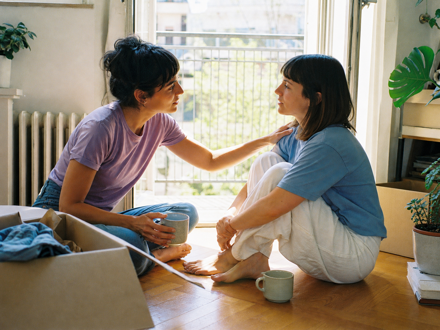 Two close friends share an attentive conversation in a sunlit apartment.