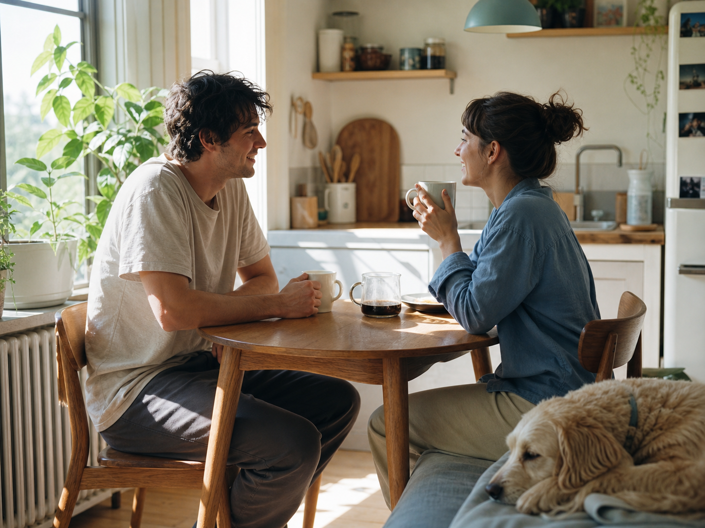 A couple share coffee and an easy conversation at their kitchen table.
