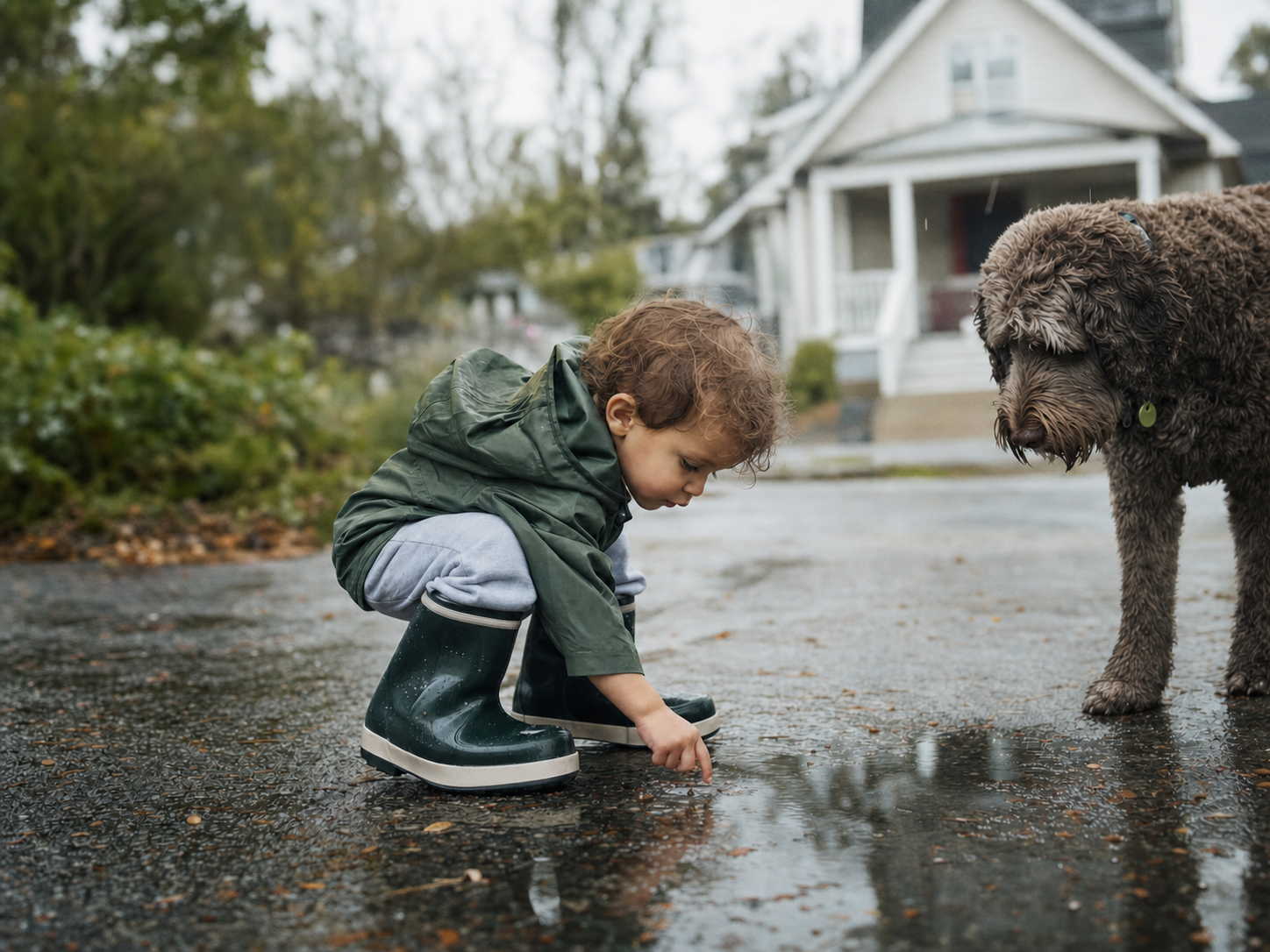 A young child explores a rainy-day puddle beside the family dog.