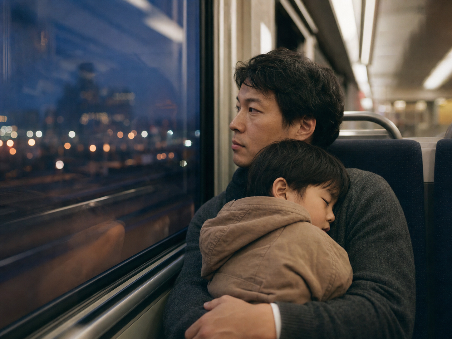 A child sleeps against a parent during an evening train ride home.
